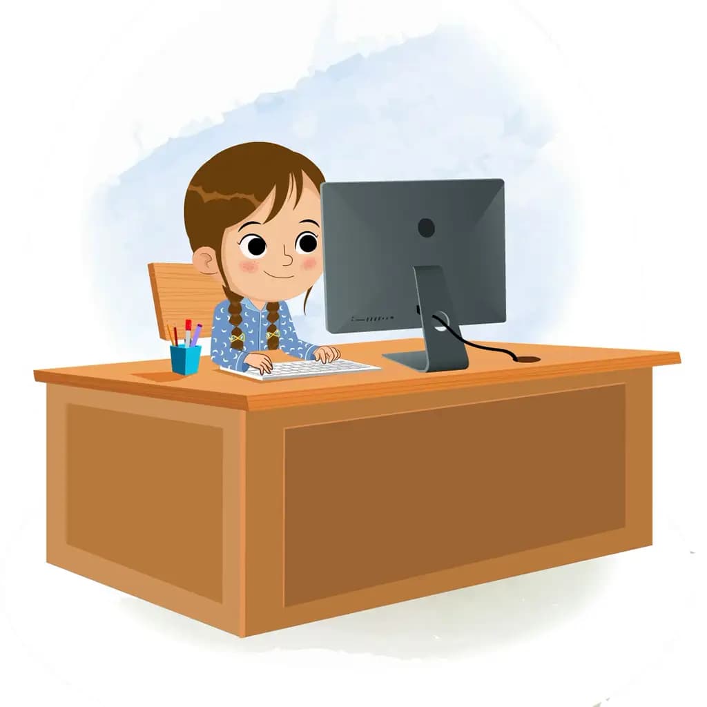 A little cute girl animated cartoon character working on a computer aka nancy