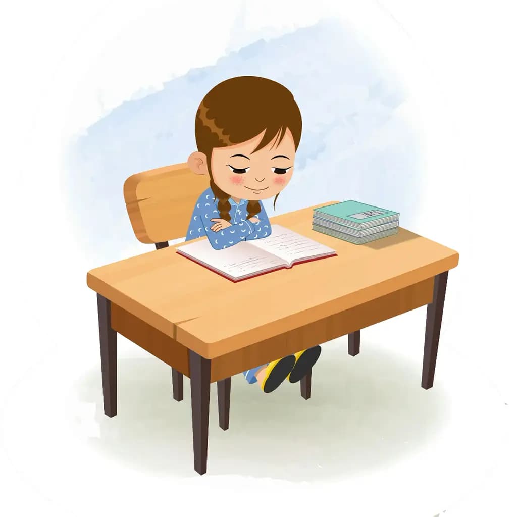 A little cute girl reading a book and sitting on the table animated cartoon character aka nancy