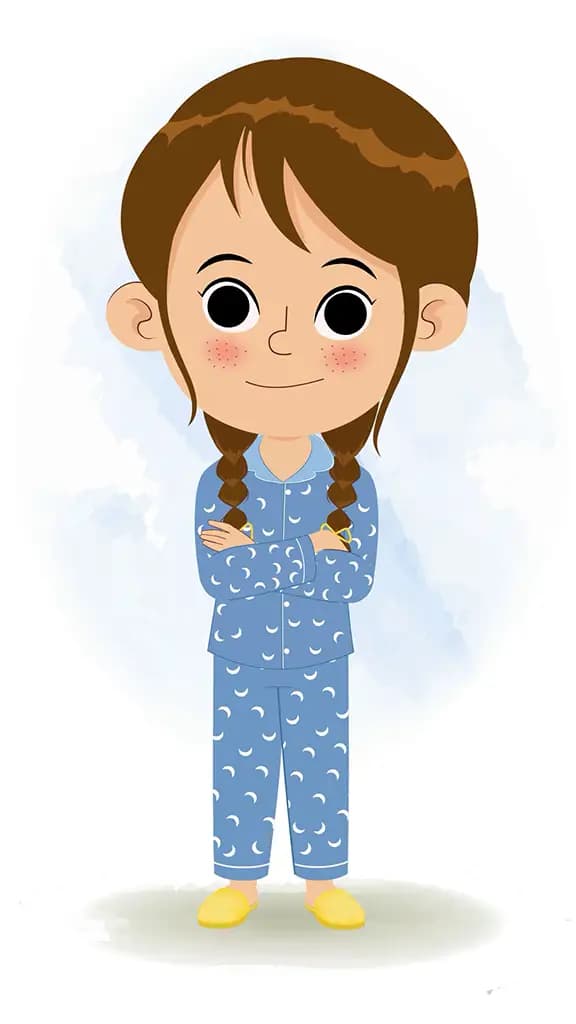 A little cute girl standing with cross hand and talking animated cartoon character aka nancy