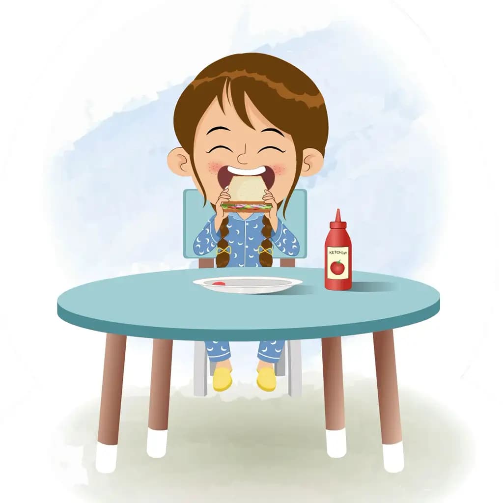 A little cute girl animated cartoon character sitting at a table and eating a sandwich aka nancy