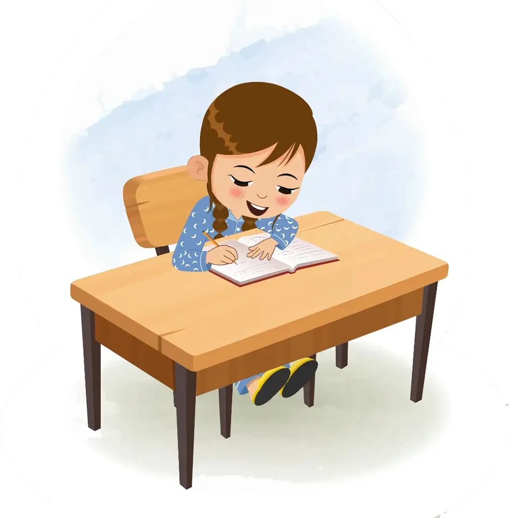A little cute girl doing homework and sitting on the table animated cartoon character aka nancy