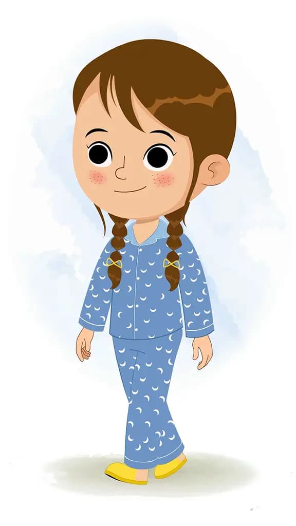 A little cute girl 3/4 front view/three quarter view walking animated cartoon character aka nancy