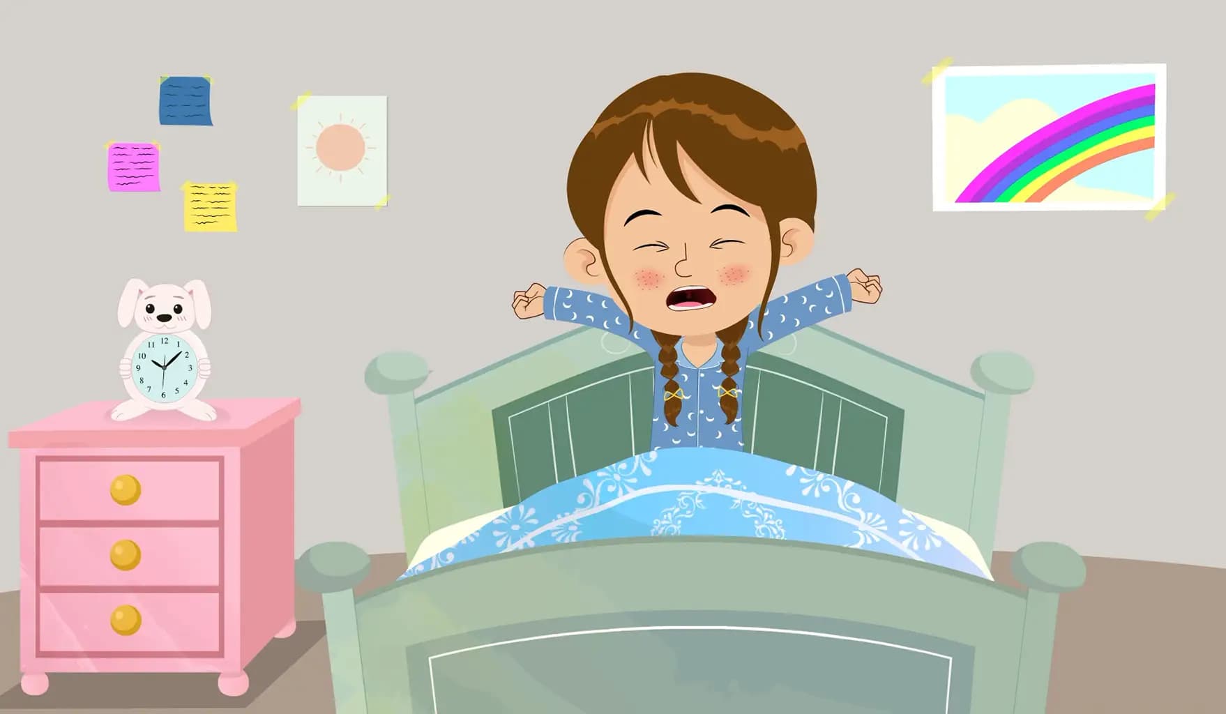 A little cute girl animated cartoon character wake up in morning aka nancy