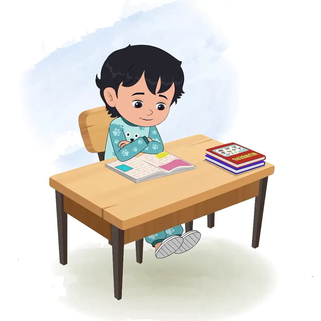 An Indian little boy reading a book and sitting on the table animated cartoon character aka min min