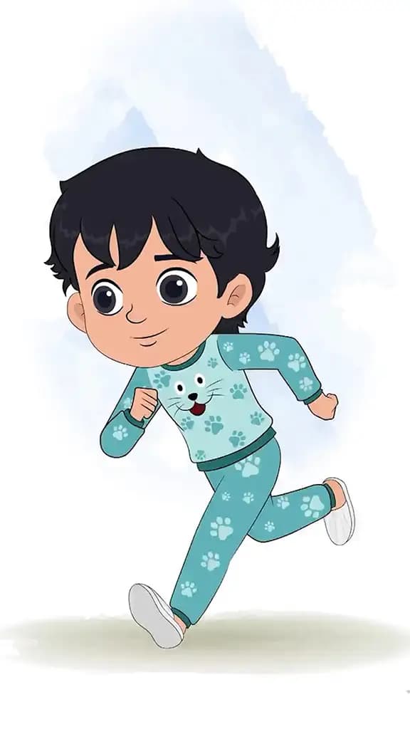An Indian little boy running three quarter view animated cartoon character aka min min