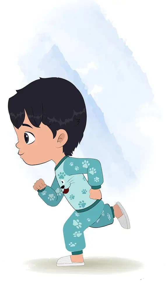 An Indian little boy running fast side view animated cartoon character aka min min