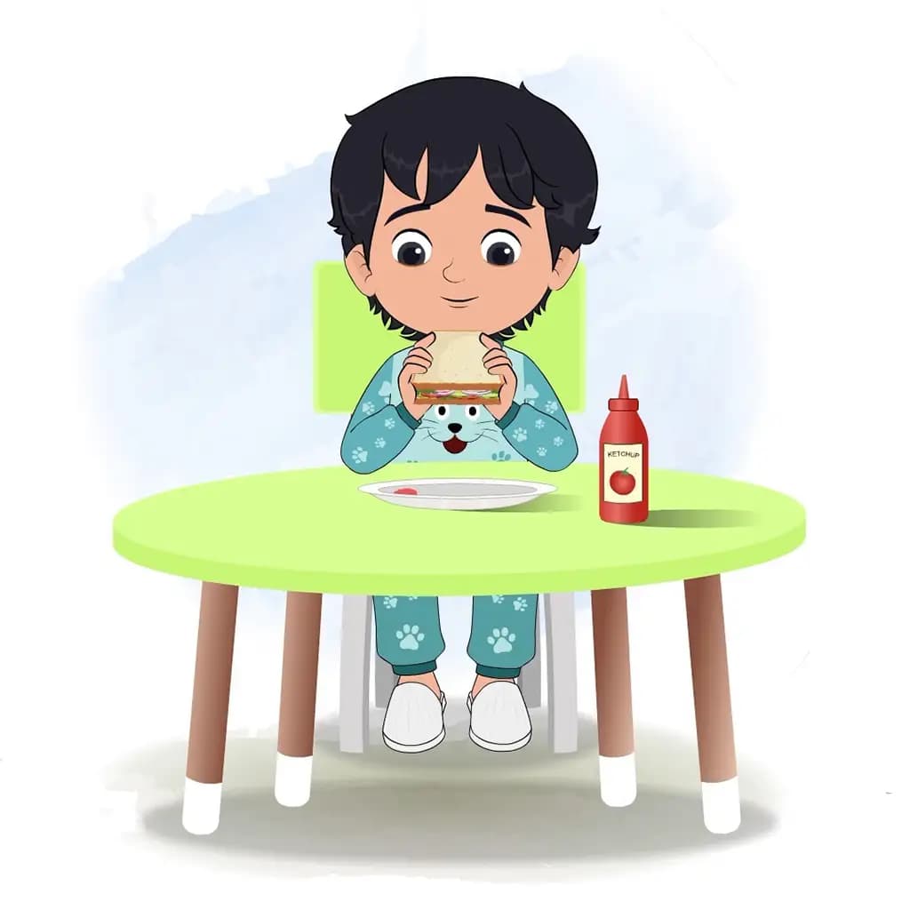 An Indian little boy animated cartoon character sitting at a table and eating a sandwich aka min min