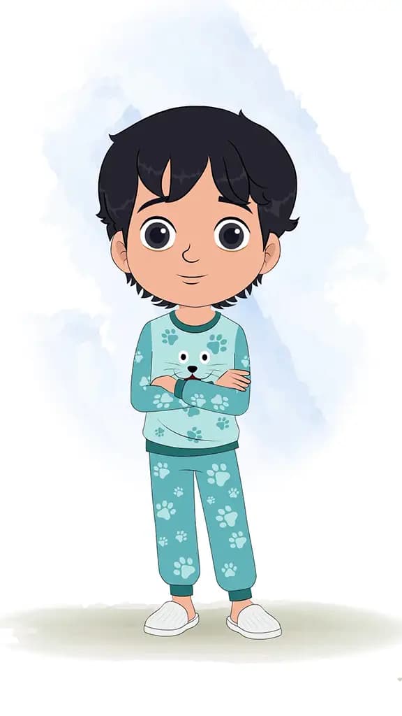 An Indian little boy standing with cross hand and talking animated cartoon character aka min min