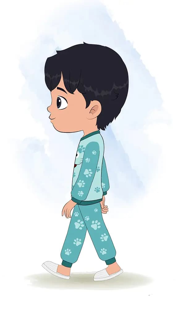 An Indian little boy walking side view animated cartoon character aka min min
