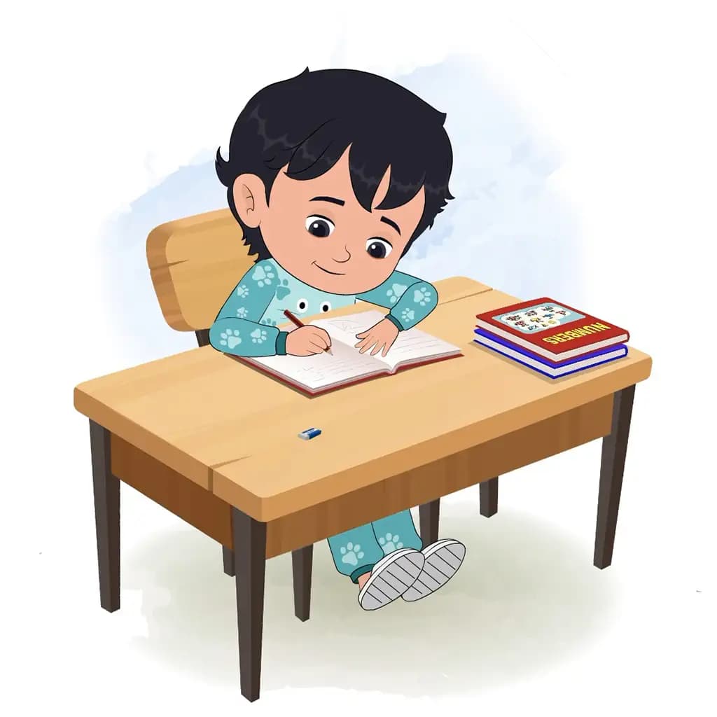 An Indian little boy doing homework and sitting on the table animated cartoon character aka min min