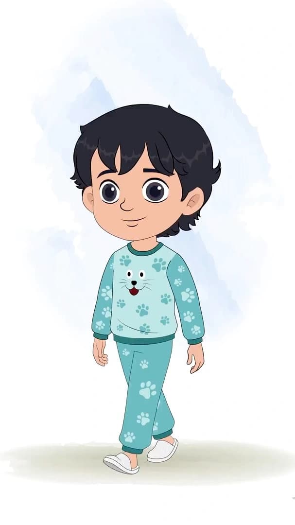 An Indian little boy 3/4 front view/three quarter view walking animated cartoon character aka min min