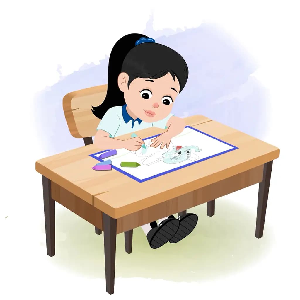 A cute school girl is sitting at a table with some crayons and coloring on the paper aka amaira