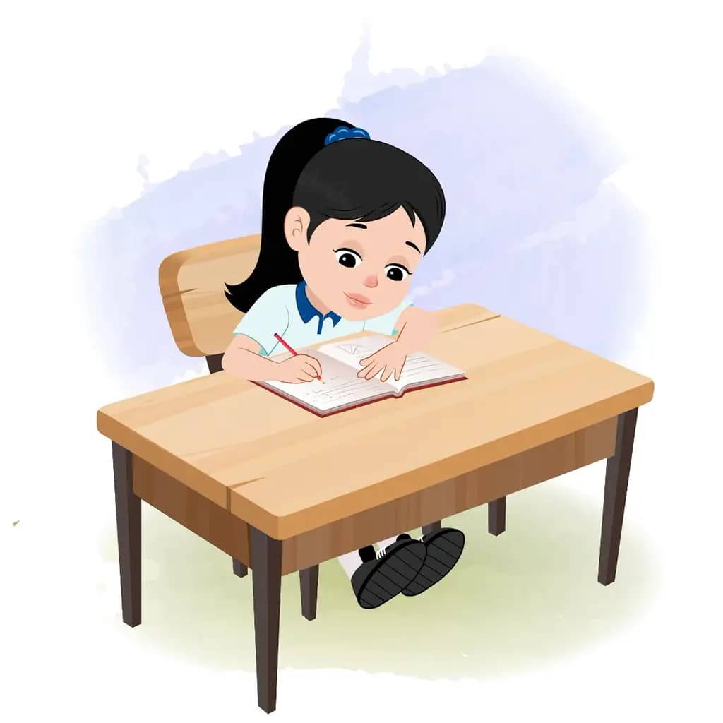 A cute school girl doing homework and sitting on the table animated cartoon character aka amaira