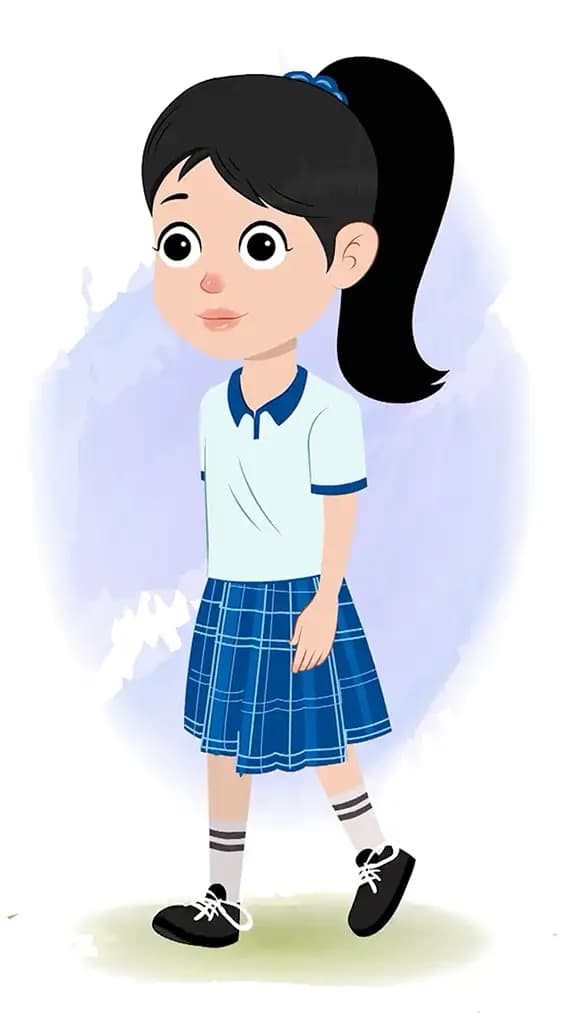 A cute school girl 3/4 front view/three quarter view walking animated cartoon character aka amaira 3/4