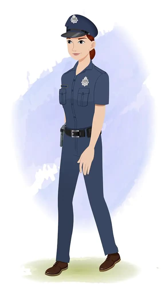A female police 3/4 front view/three quarter view walking animated cartoon character aka miss emma 3/4