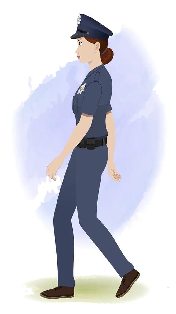 A female police walking side view animated cartoon character aka miss emma