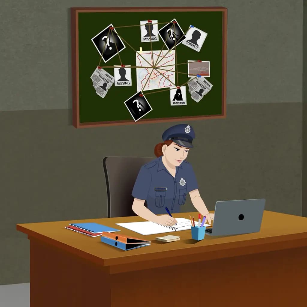 A female police working at office table. Police officer working on computer animated cartoon character aka miss emma