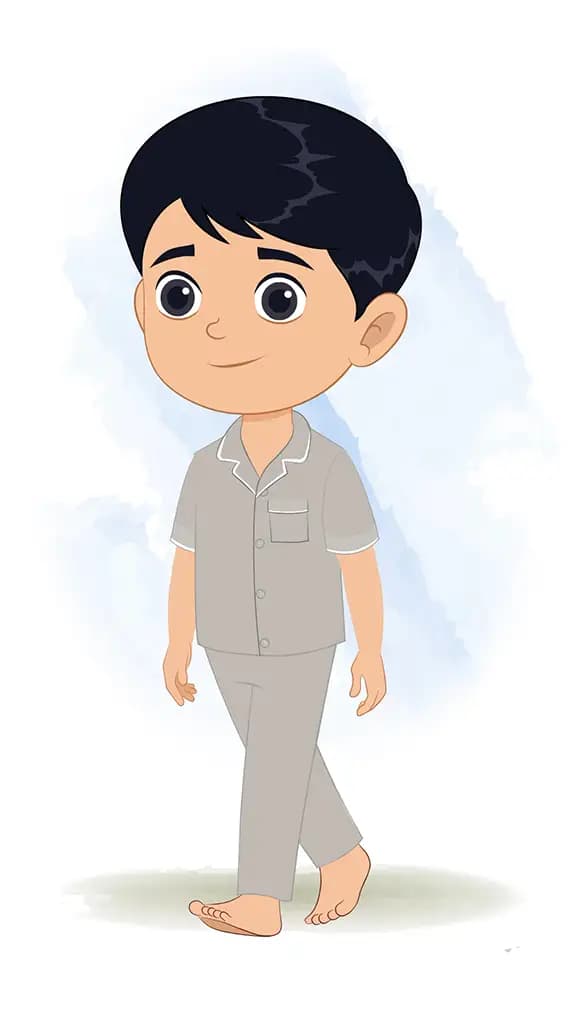 An Indian boy 3/4 front view/three quarter view walking animated cartoon character aka ishaan