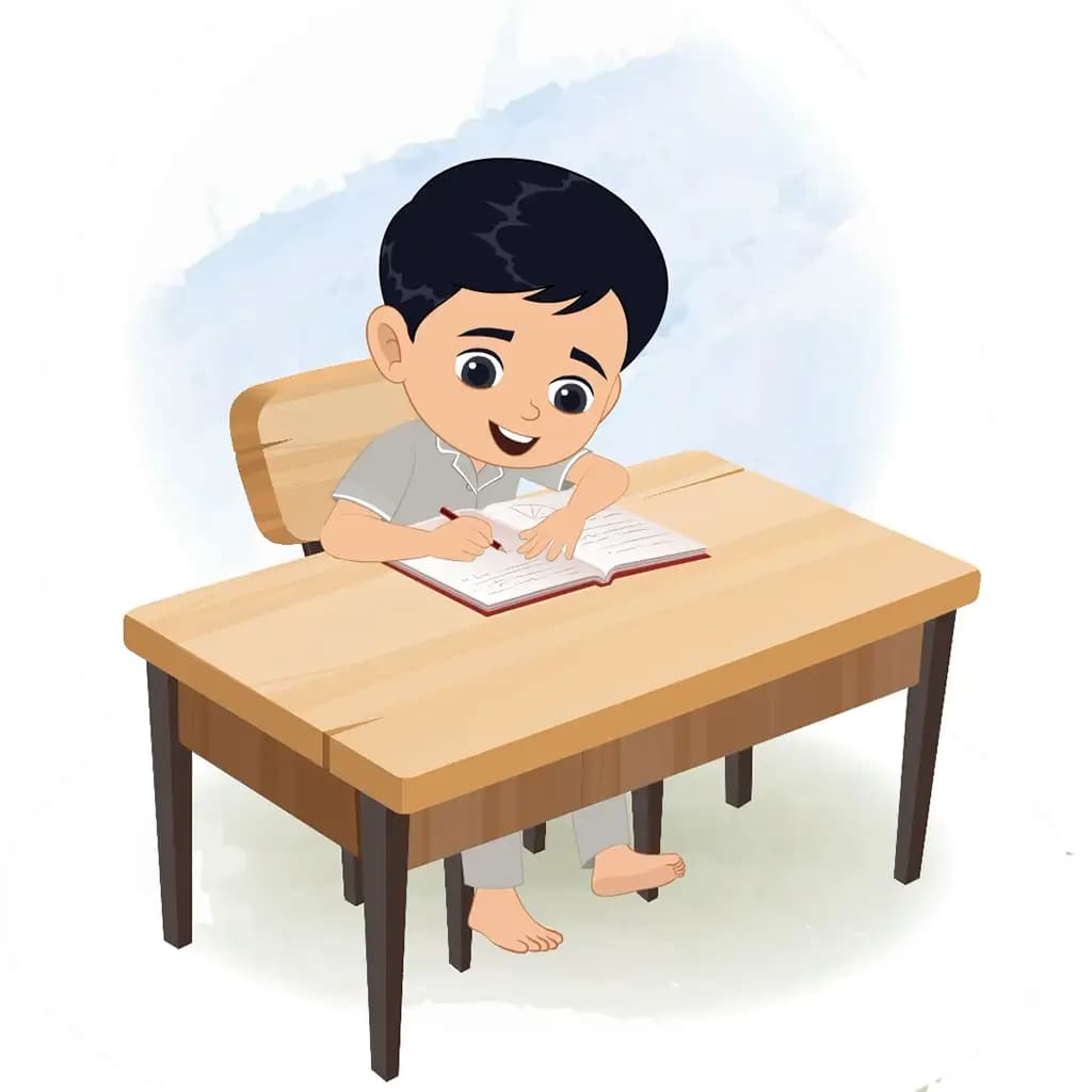 An Indian boy doing homework and sitting on the table animated cartoon character aka ishaan