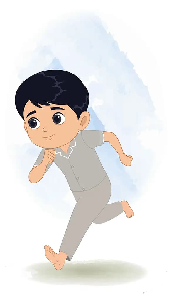 An Indian boy running fast side view animated cartoon character aka ishaan