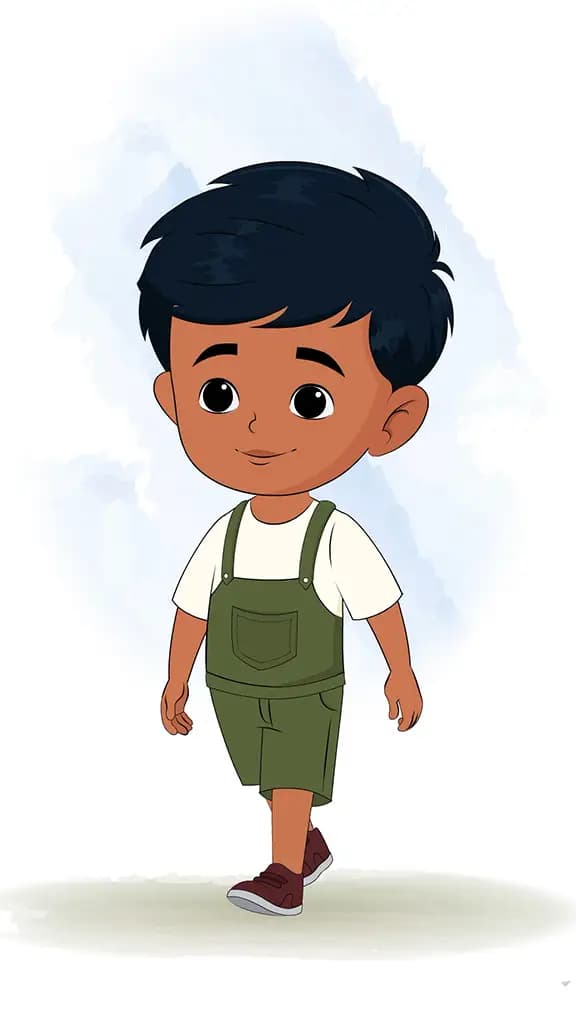 A little charming boy 3/4 front view/three quarter view walking animated cartoon character aka arun
