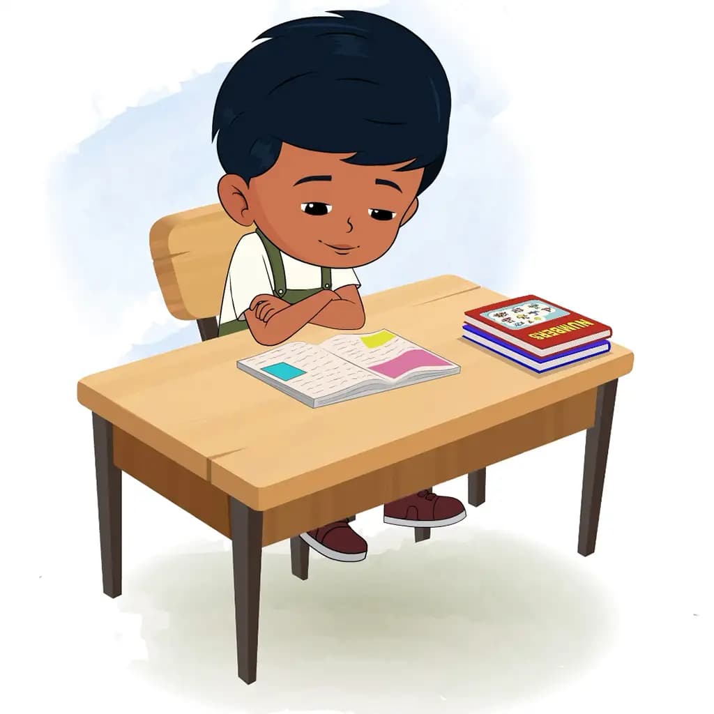 A little charming boy reading a book and sitting on the table animated cartoon character aka arun