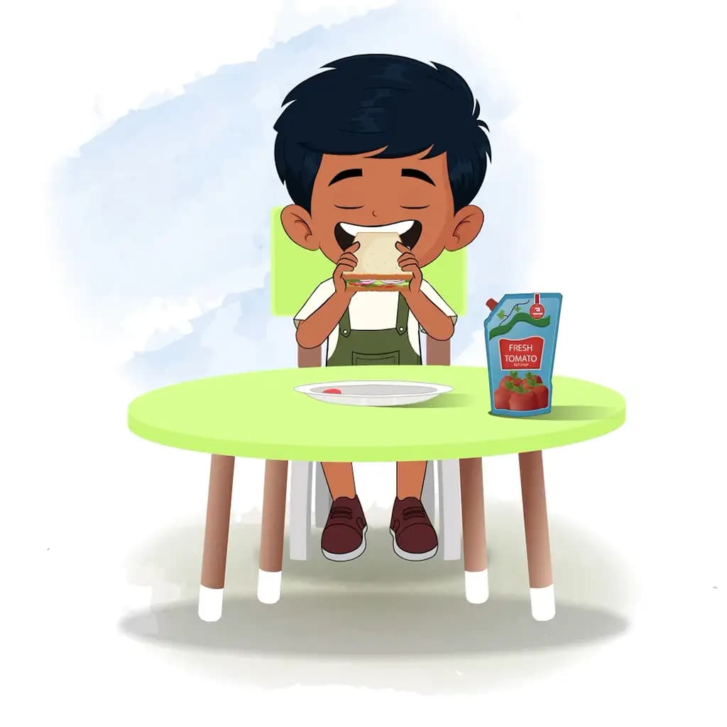 A little charming boy animated cartoon character sitting at a table and eating a sandwich aka arun