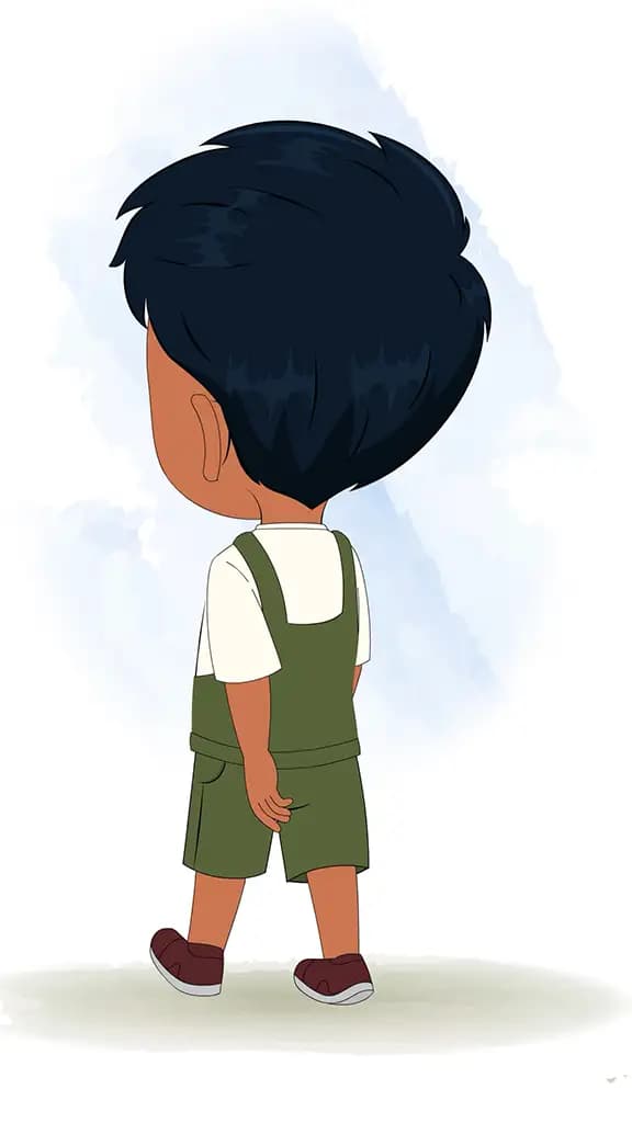 A little boy 3/4 front view/three quarter view walking animated cartoon character aka arun