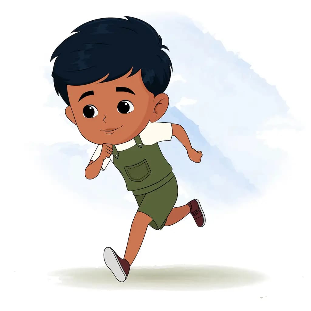 A little charming boy running three quarter view animated cartoon character aka arun