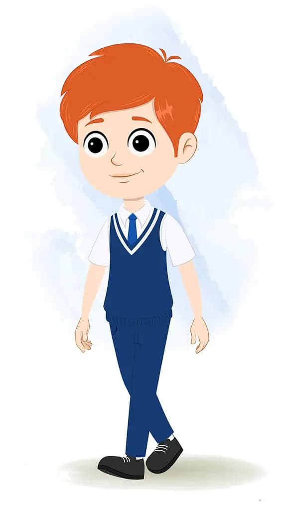 A boy 3/4 front view/three quarter view walking animated cartoon character aka adit 3/4