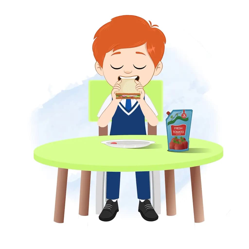 A boy animated cartoon character sitting at a table and eating a sandwich aka adit