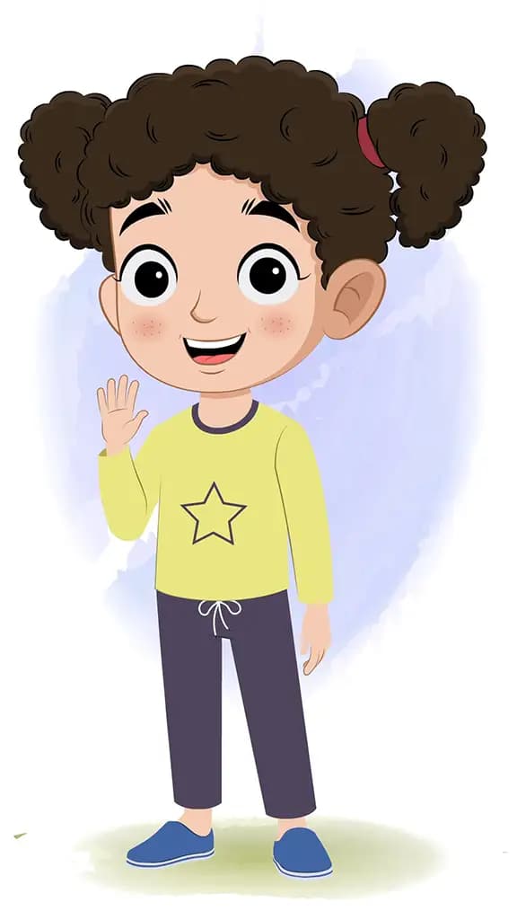 A little curly hair girl talking animated cartoon character aka mili 3/4