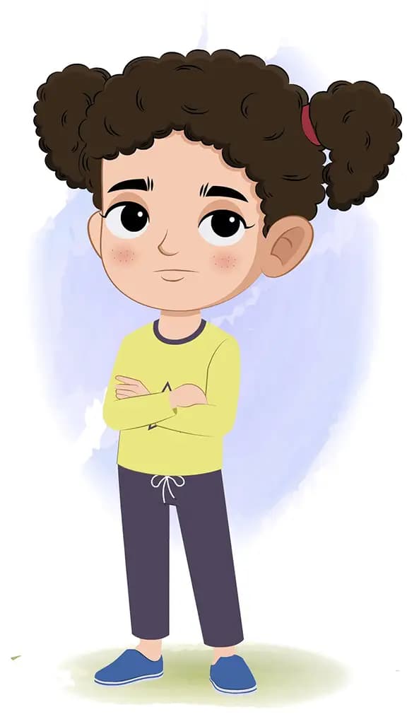An annoyed little curly hair girl animated cartoon character aka mili 3/4