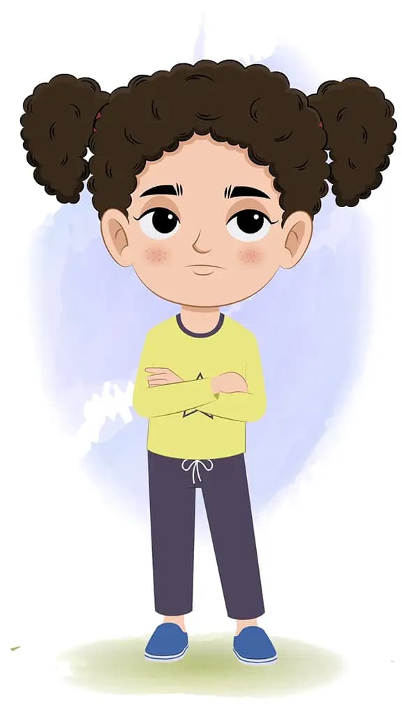 An annoyed curly hair little girl animated cartoon character aka mili
