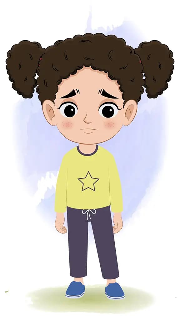 A sad little curly hair girl animated cartoon character aka mili