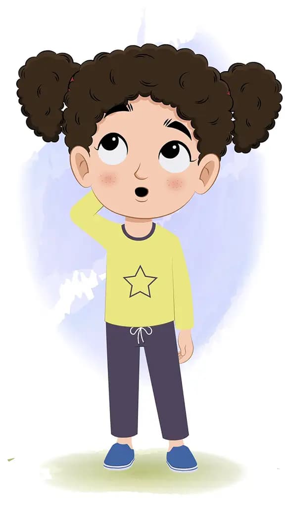 A confused little curly hair girl animated cartoon character aka mili