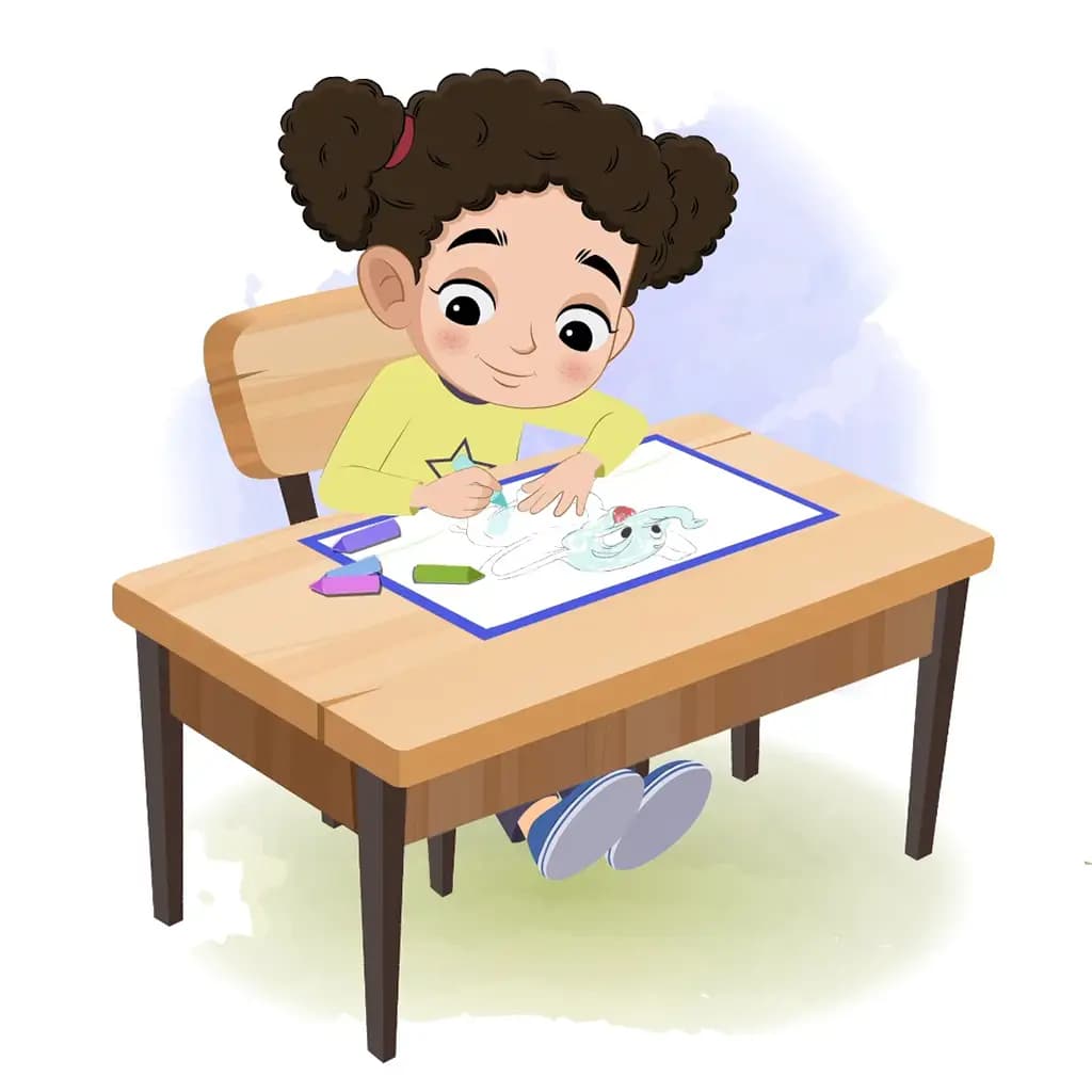 A little curly hair girl is sitting at a table with some crayons and coloring on the paper aka mili