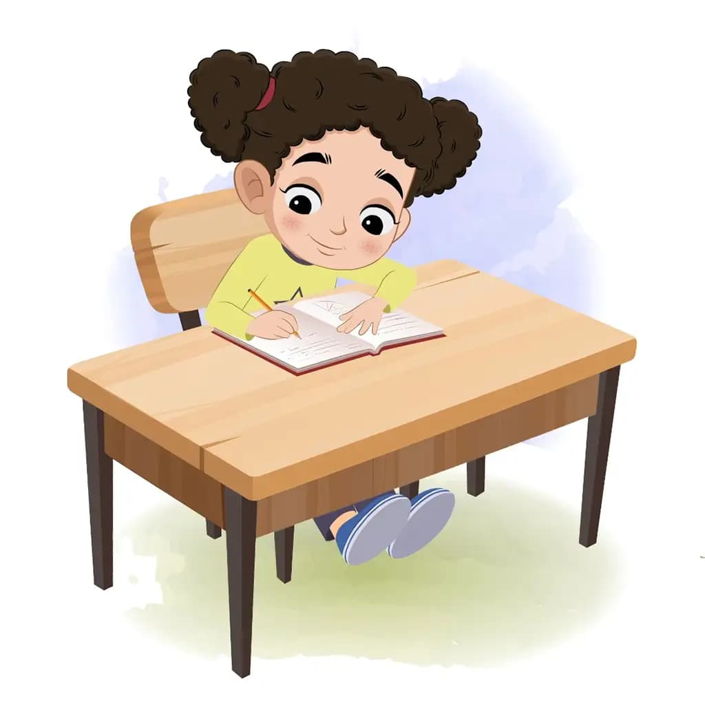 A little curly hair girl doing homework and sitting on the table animated cartoon character aka mili