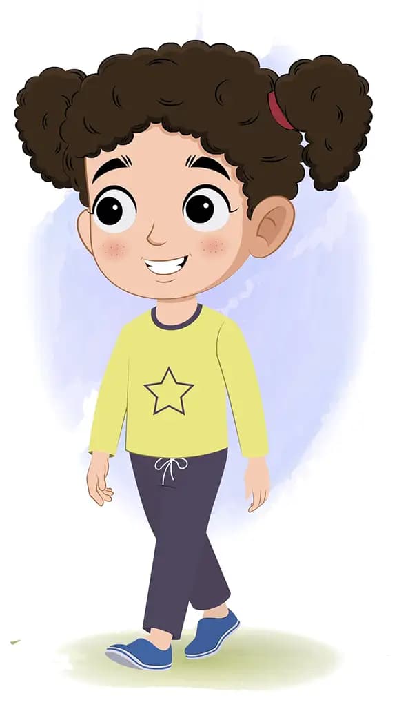 A curly hair little girl 3/4 front view/three quarter view walking animated cartoon character aka mili 3/4