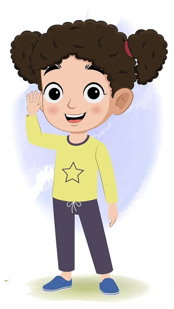 A little curly hair girl saying hello animated cartoon character aka mili