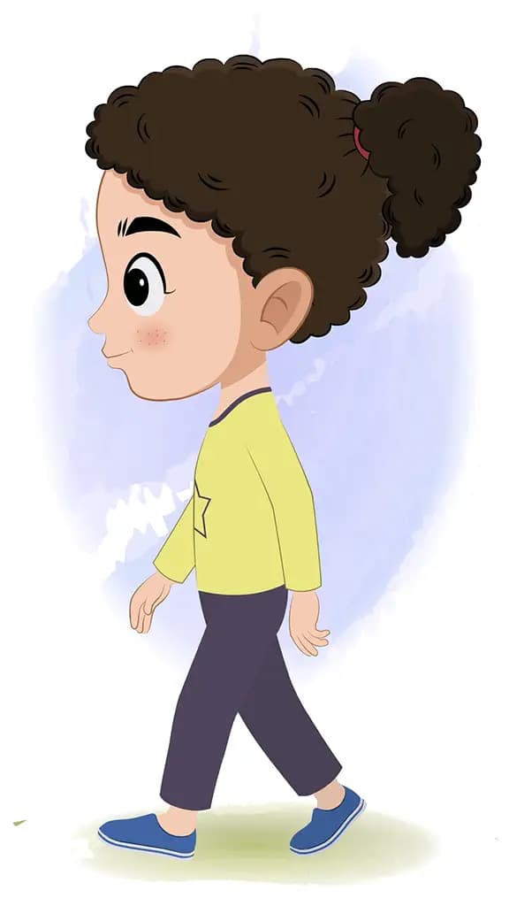 A curly hair little girl walking side view animated cartoon character aka mili 3/4