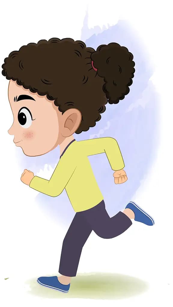 A curly hair little girl running fast side view animated cartoon character aka mili