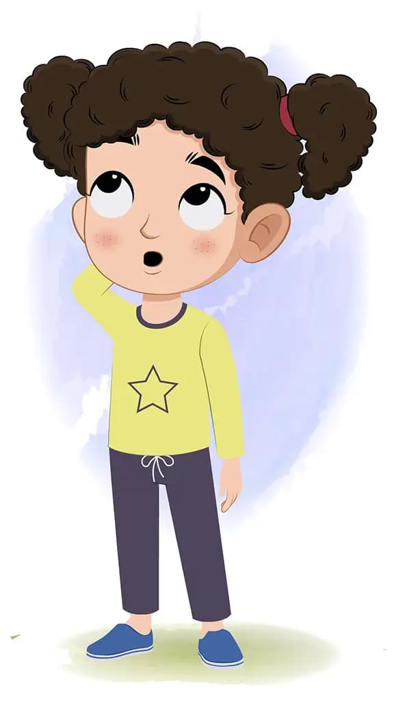 A confused curly hair little girl animated cartoon character aka mili 3/4