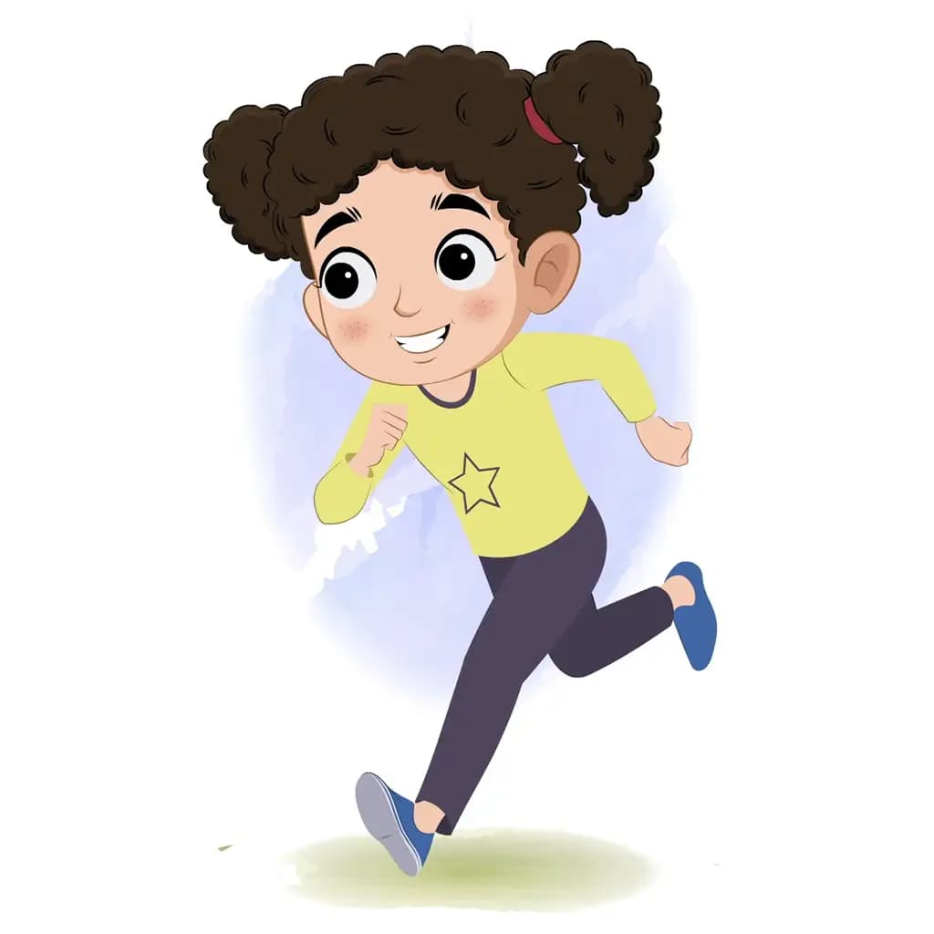 A curly hair little girl running three quarter view animated cartoon character aka mili 3/4
