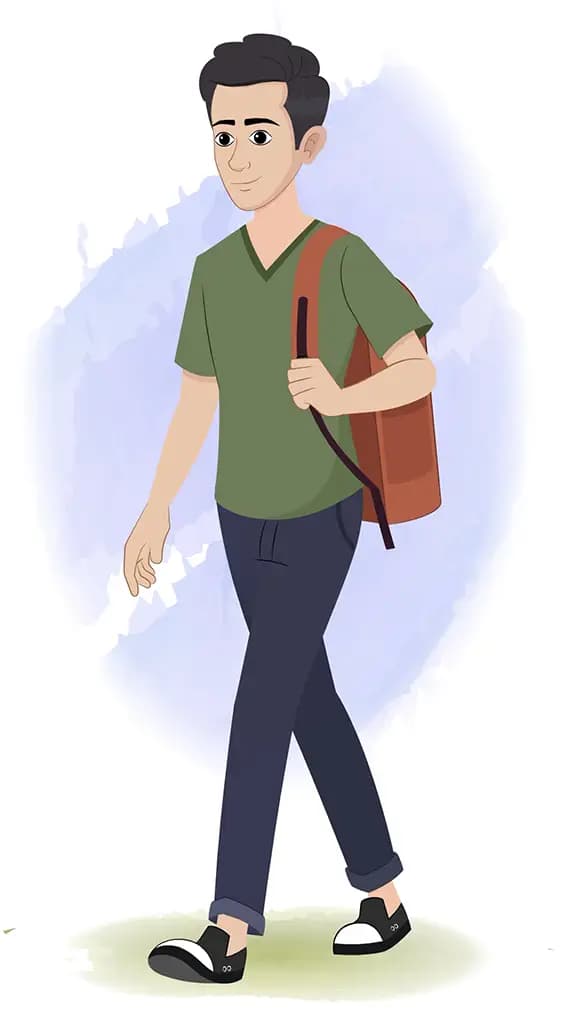 A Collage boy 3/4 front view/three quarter view walking animated cartoon character aka rishi 3/4