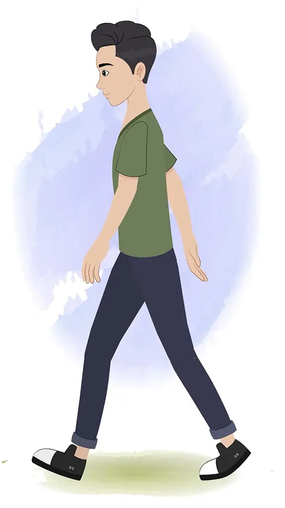 A teenage boy walking side view animated cartoon character aka rishi