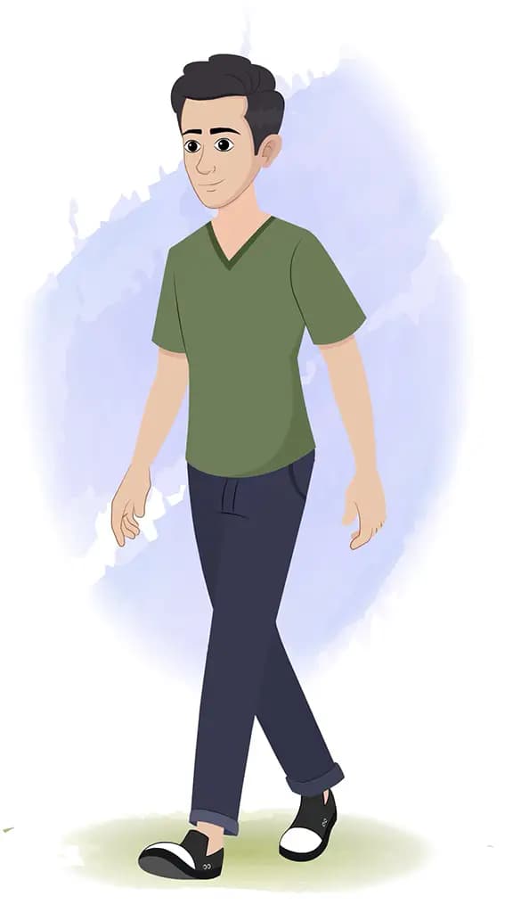 A teenage boy 3/4 front view/three quarter view walking animated cartoon character aka rishi 3/4