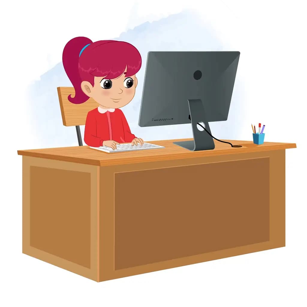 A red hair girl animated cartoon character working on a computer aka rose