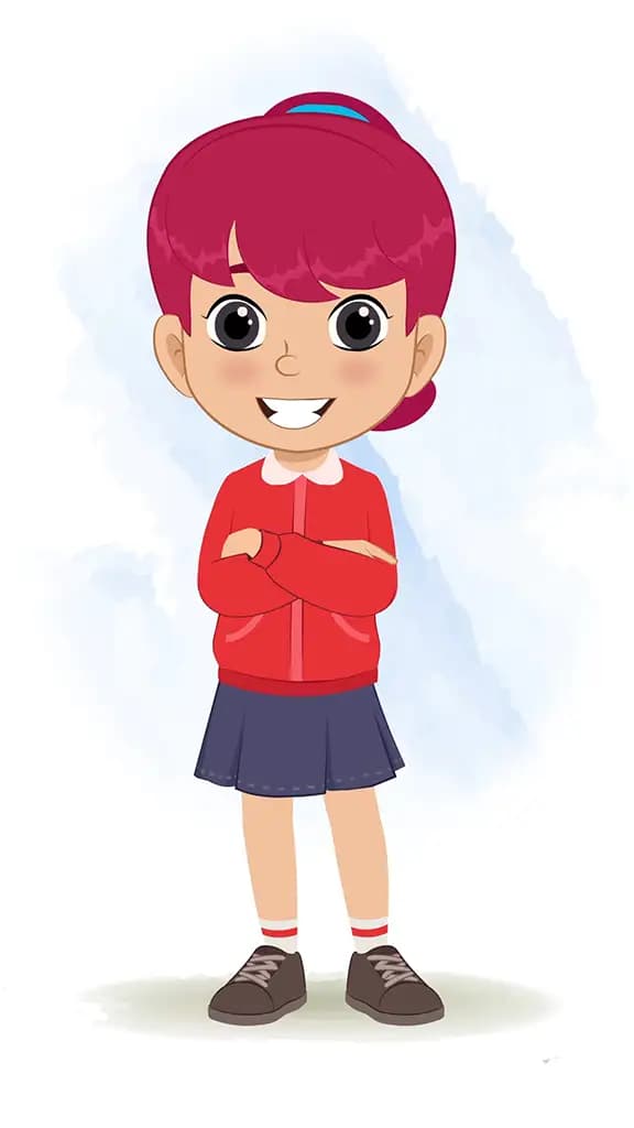 A red hair girl standing with cross hand and talking animated cartoon character aka rose