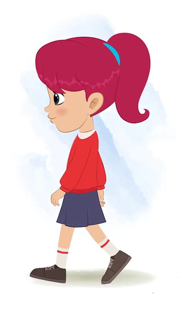 A red hair girl walking side view animated cartoon character aka rose